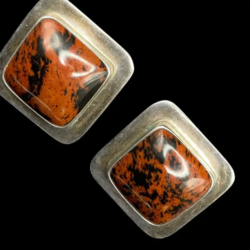 Mahogany Obsidian Stone Clip On Earrings 1” Mexico .925 Sterling Taxco TA-43