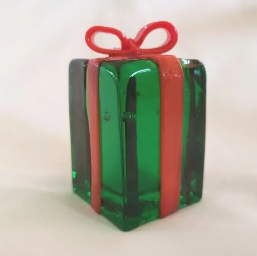 Art Glass Red Green & Red Ribbon Gift Box 2 7/8" Tall Approximately Unbranded