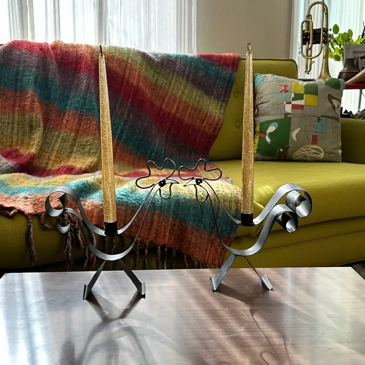 Vtg 60s Gunnar Ander Brutalist Sweden Set Of 2 Chickens, Guinea, Cocks, Roosters Taper Candle Holders