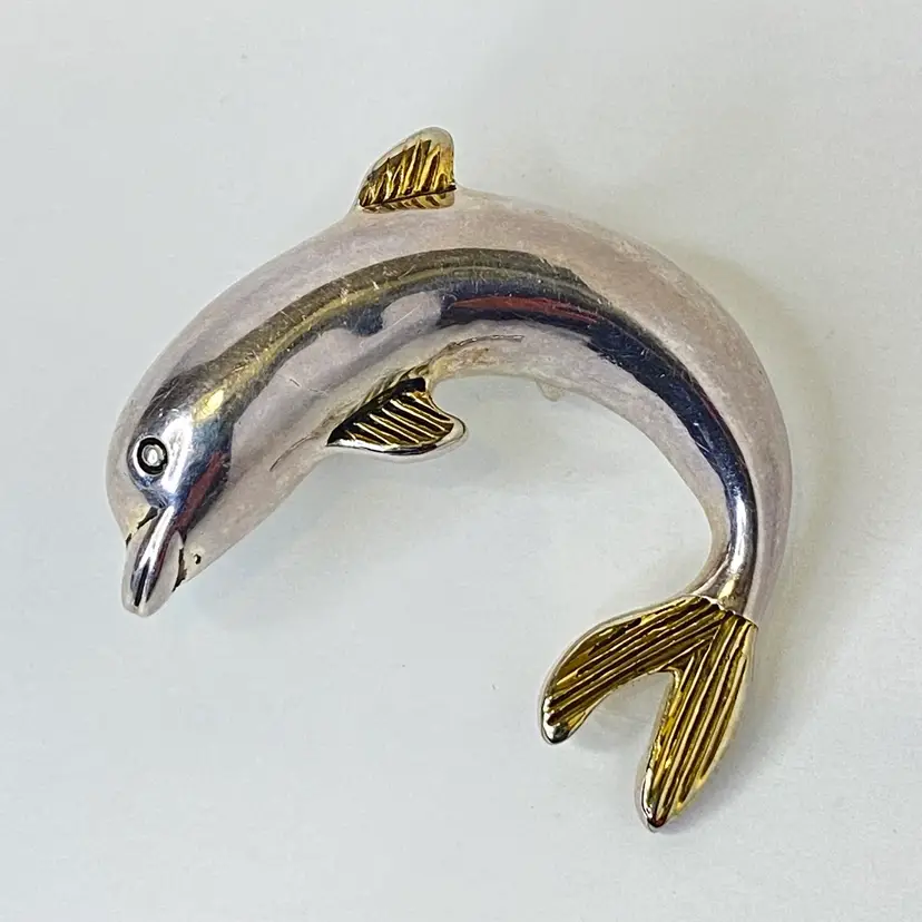 Vintage Large Jumping Dolphin Two Tone Gold & Silver Tone Pendant Collectible