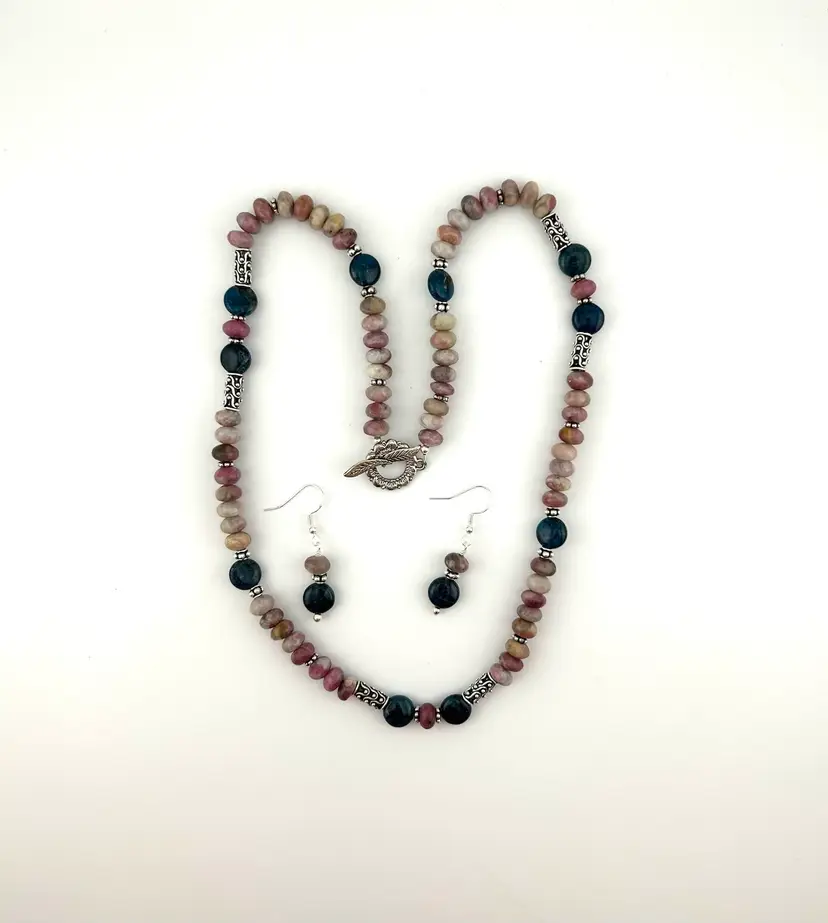 Pink Tourmaline And Kyanite Silver Beaded Necklace And Earring Set Made By Me