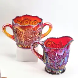 Indiana Glass Red Heirloom Iridescent Carnival Glass Cream & Sugar