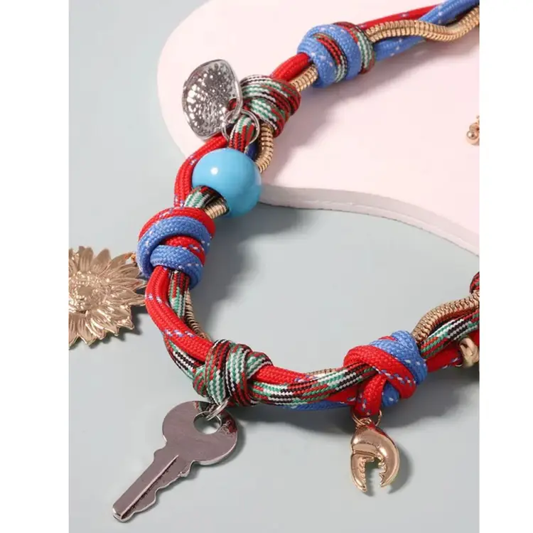 BOHO BRAIDED ROPE NECKLACE WITH KEY & CHARM PENDANTS