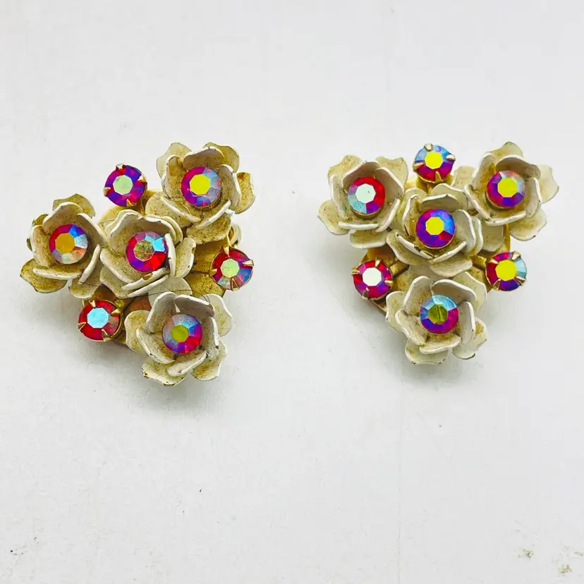 WEISS Aurora Borealis Flower Earrings Gold Tone Clip On