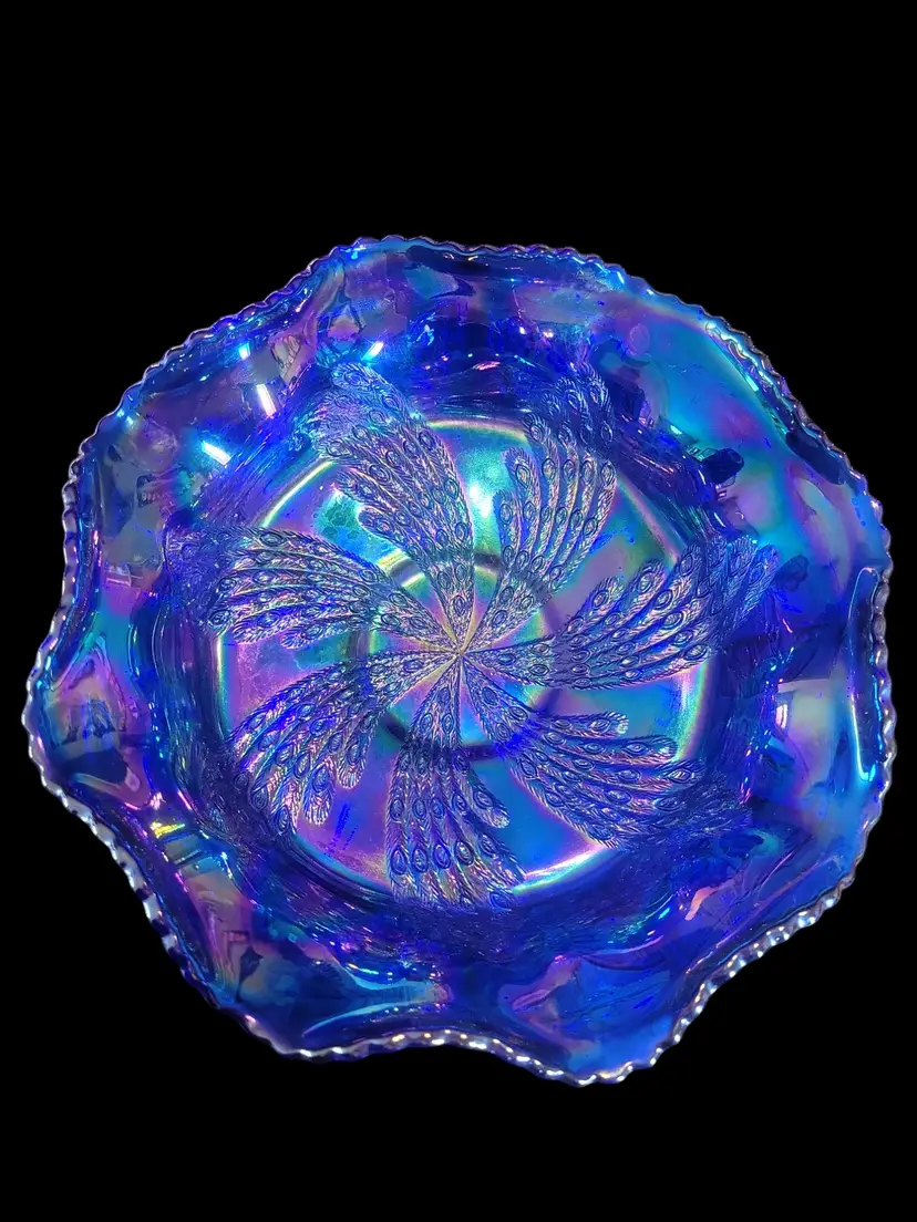 Fenton- Claw Footed,  Peacock Carnival Glass Bowl  With Butterfly And Berries 9x3.5"