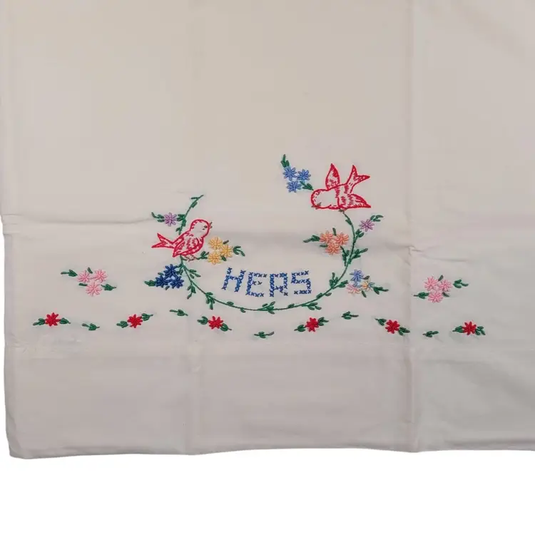 2 Vintage Hand Embroidered His and Hers Pillowcases 100% Cotton 42x38