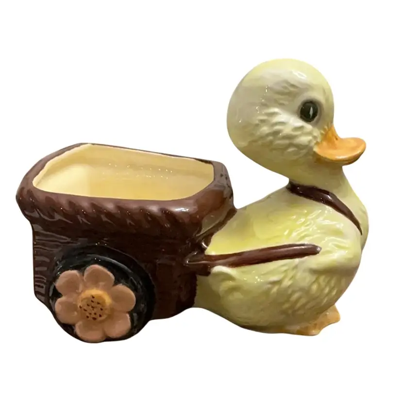Adorable Vintage Yellow Ducky Pulling A Daisy Wheels Cart Ceramic Planter  5 1/2” X 7”