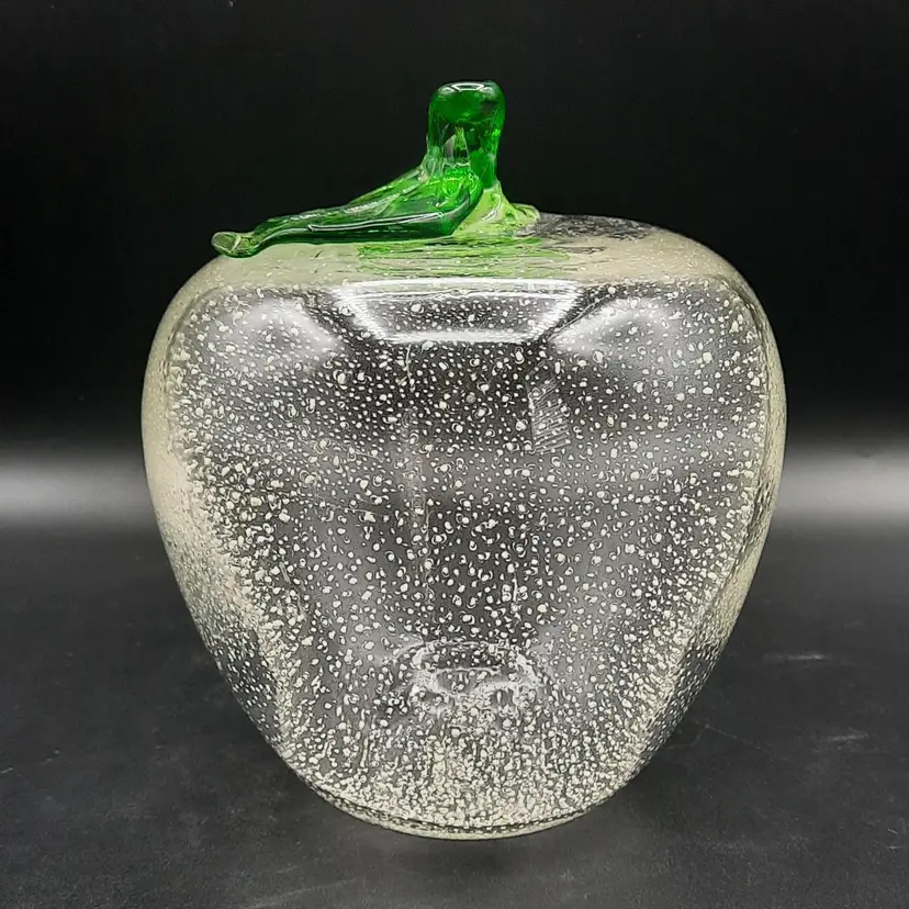 Clear Art Glass Apple White Frit and Green Stem