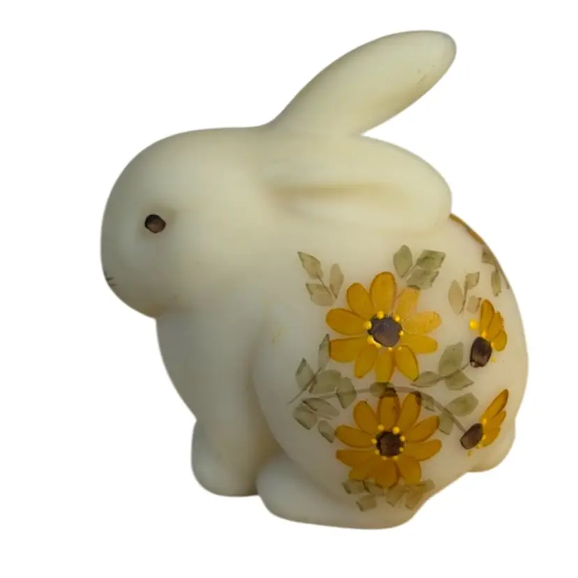 FENTON Bunny Rabbit Figurine Hand Painted Yellow Daisies On Custard Glass Signed By Artist
3” T x 3” L x 2” W
