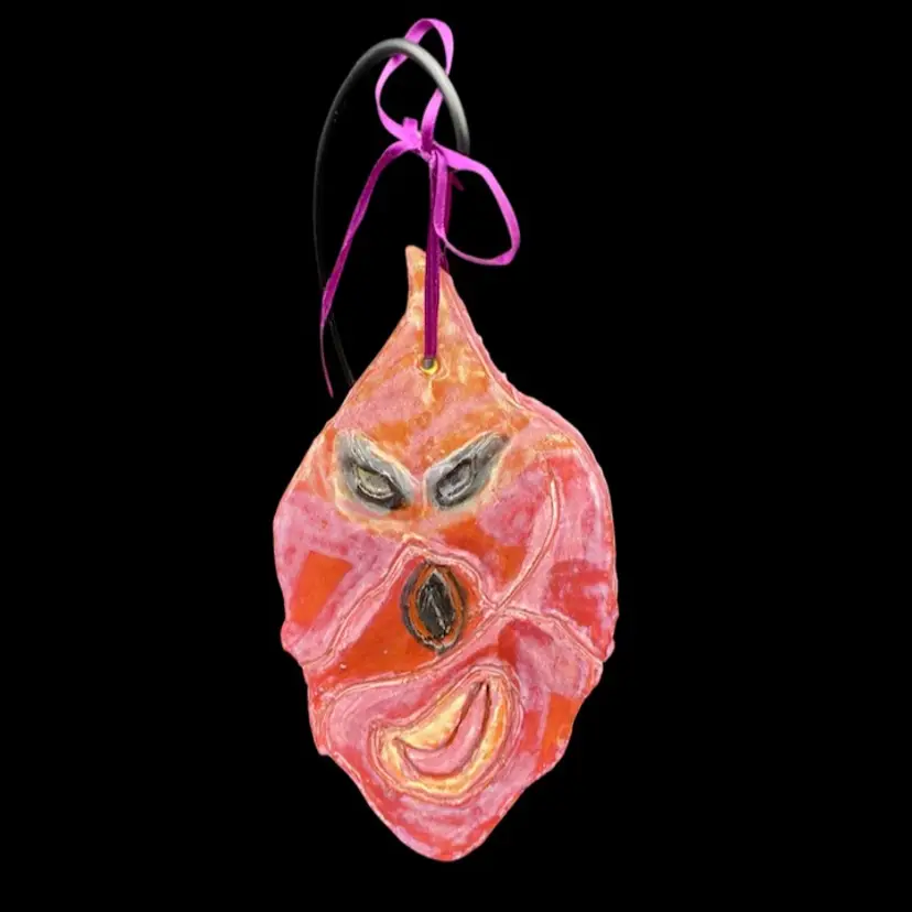 Vintage Art Pottery Scary Face, Red Clay, Halloween, Leaf Shape, Weirdo/Monster