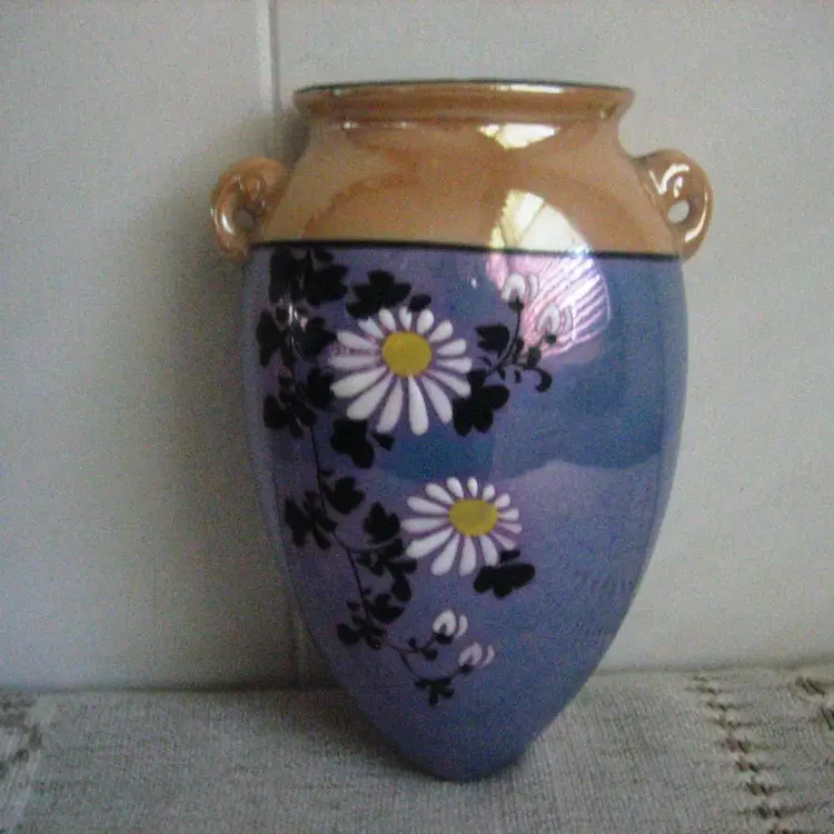 Vintage Japanese Lusterware Wall Pocket Hand Painted Flowers Wall Decor Made in Japan