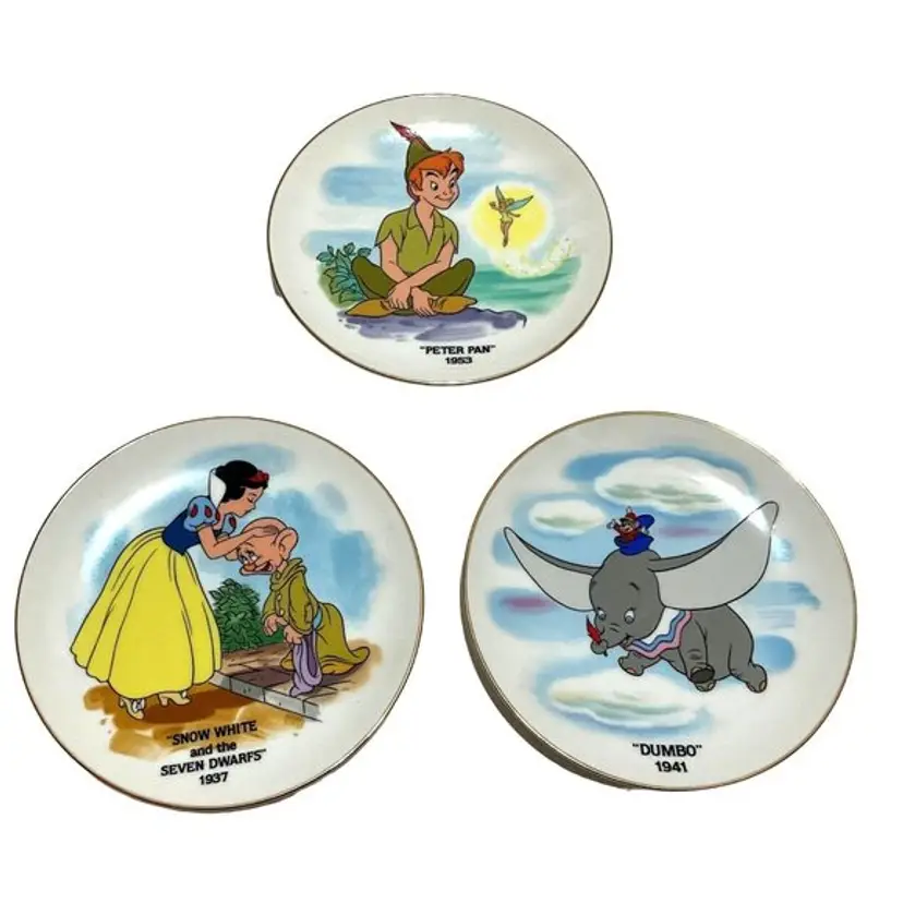 VTG DISNEYLAND SOUVENIR PLATES LOT OF 3 BONE CHINA GOLD PAINTED TRIM 6.25"