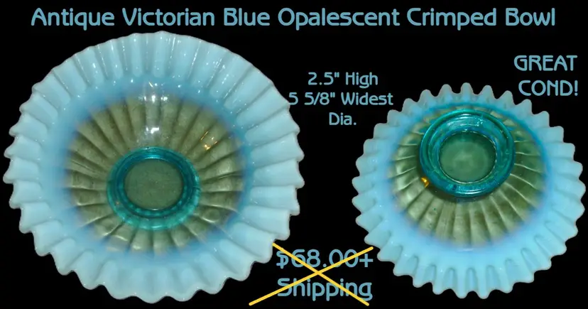 EAPG Victorian Era Blue Opalescent Crimped Bowl, Possibly Jefferson Glass
