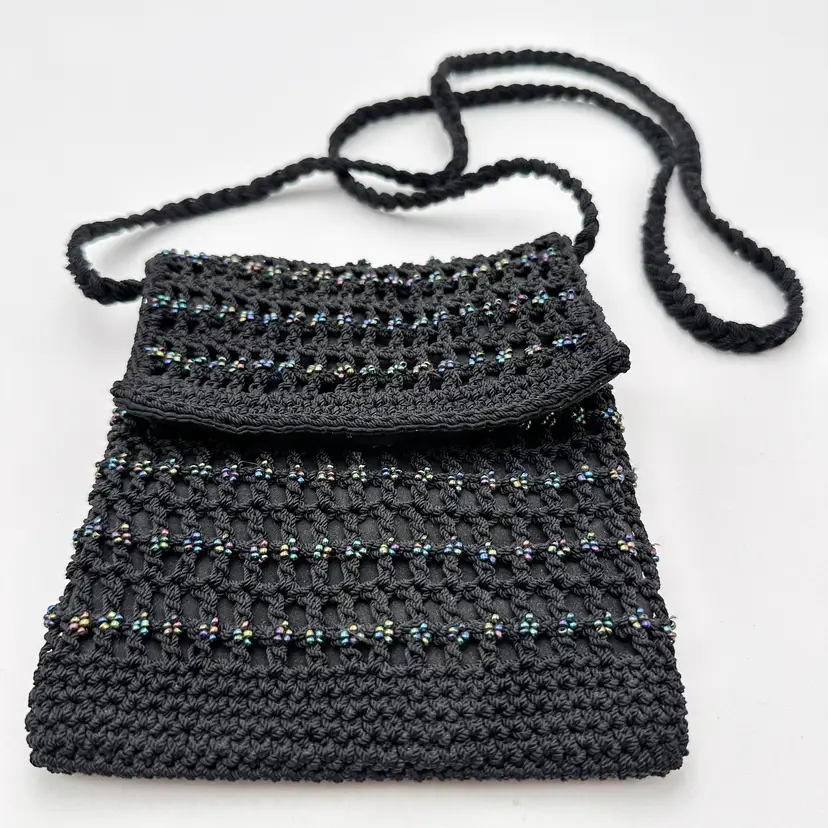 Black Woven Beaded Crossbody Purse 6" x 6.5" B25
