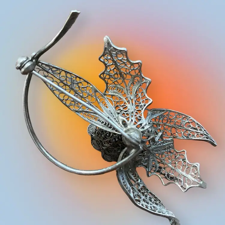 Stamped Sterling Ornate 3D Flower Brooch 