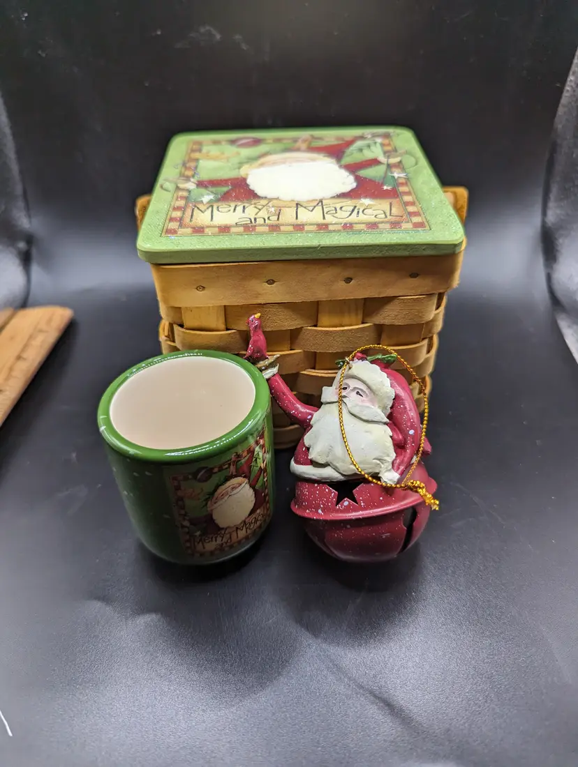 Brand New Basket With Hand Painted Lid With Santa Bell Ornament and Votive Candle Holder.