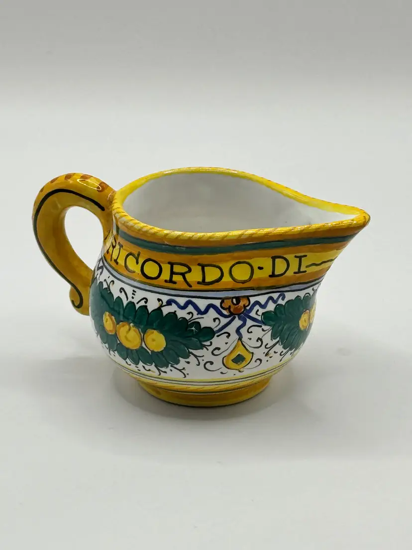 Vintage Italian 'Ricordo Di Assisi’ Souvenir Creamer Pitcher, Hand Painted Floral And Fruit Design, Small Ceramic Collectible, Signed By S. Volpi, By Deruta, Made In Italy