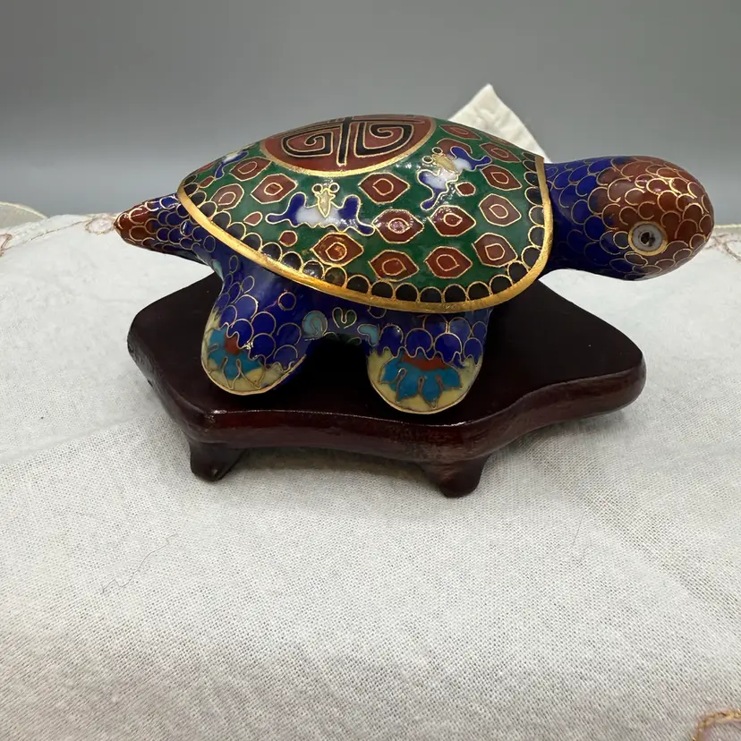 Vintage Blue Chinese Cloisonné Turtle Trinket Box – Teal Enamel & Brass 4”x 1 5/8”