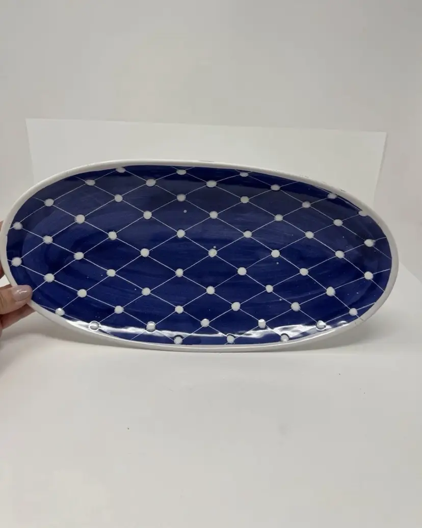 Vtg Elle P Norway Pottery Oval Blue & White Diamonds & Dots Egg Shaped Spring Easter Footed Bowl Signed