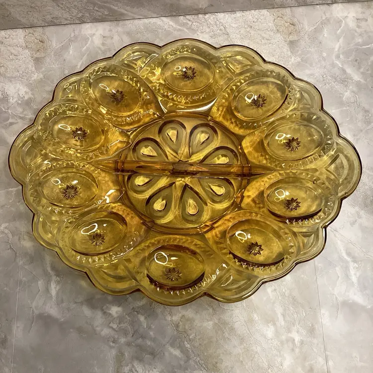 Vintage LE Smith Amber Moon & Star Oval Glass Deviled Egg Plate Platter Tray