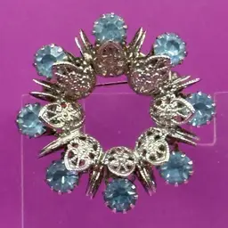 Vintage Prong Set Blue Rhinestone Filigree Silver Tone
