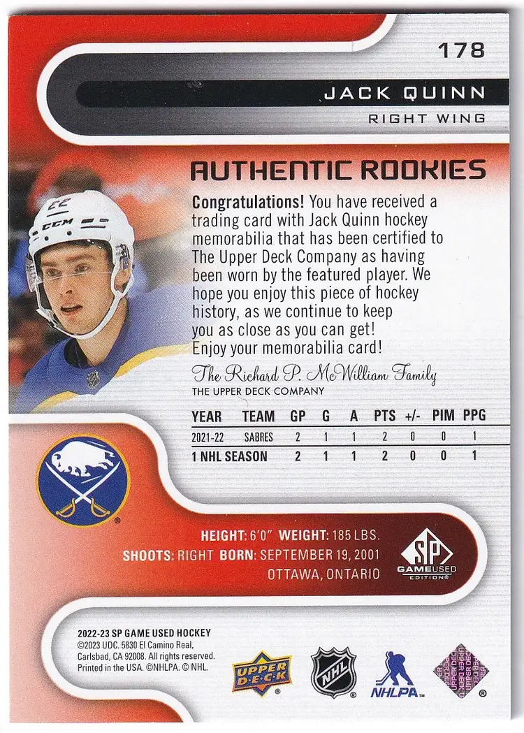 2022-23 SP Game Used Jerseys Red #178 Jack Quinn Buffalo Sabres Hockey Card
