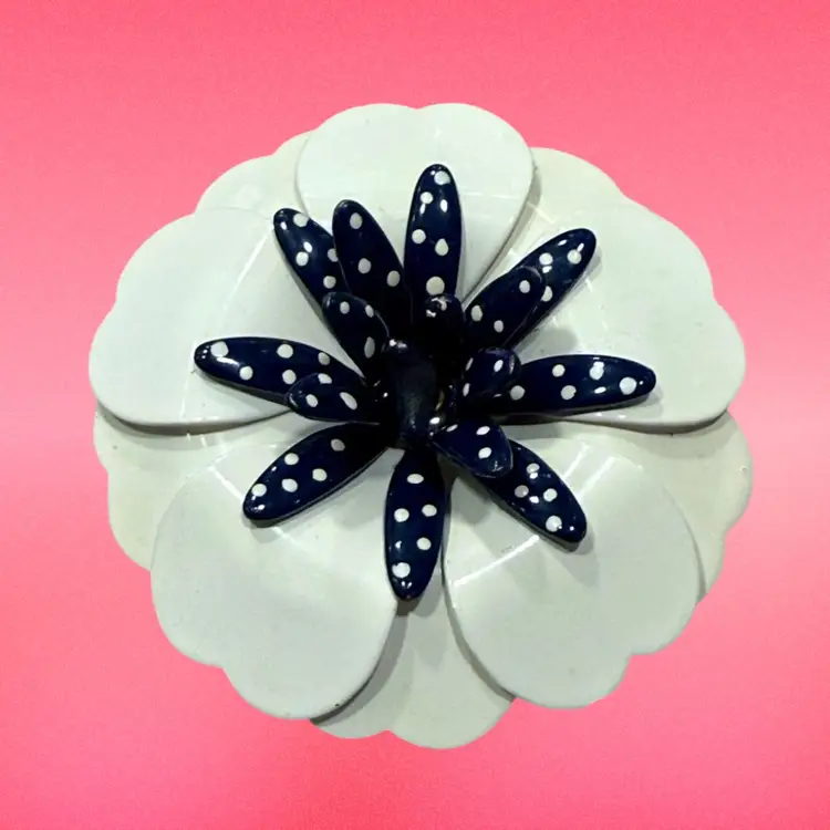 Vintage MCM White & Navy Polka Dot Enamel Flower Brooch, 2.5”