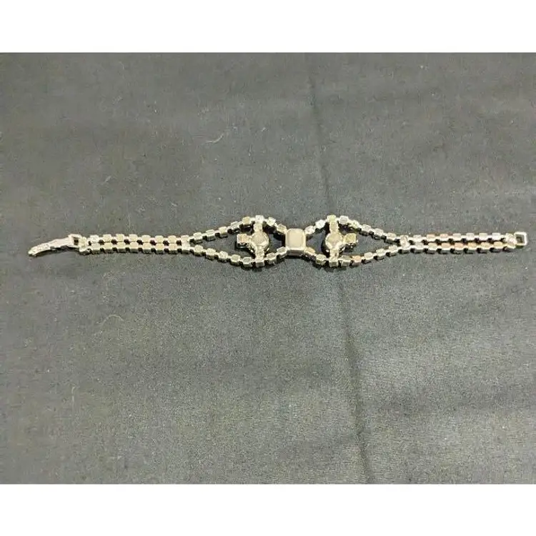 Vintage Rhinestone Bracelet. Center Emerald Cut Rhinestone set in Silver Tone - No Markings