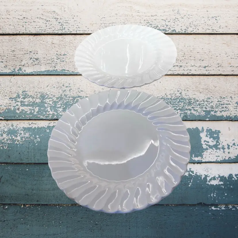 Set of two vintage white scalloped swirl ironstone 10 inch dinner plates farmhouse Boho Cottagecore French Country