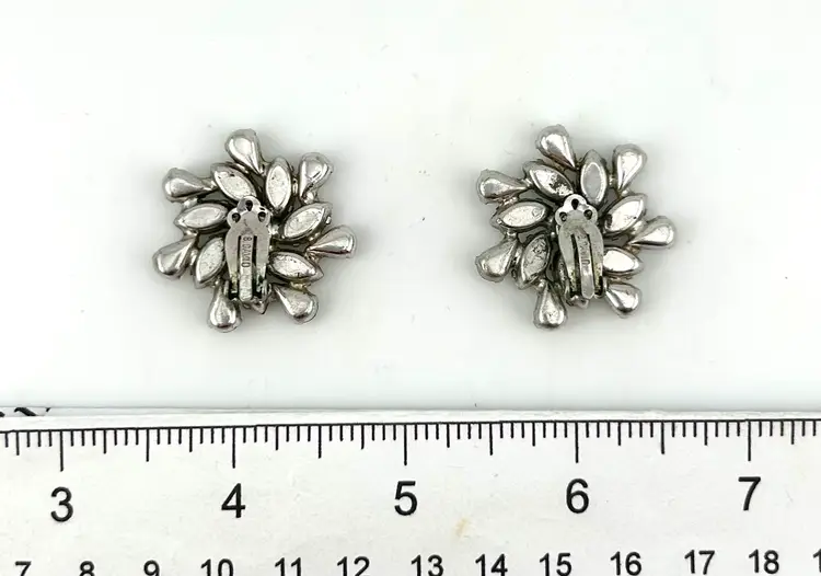 Vintage Silver Tone B. David Rhinestone Clip-on Earrings 1”
