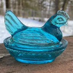 Turquoise Glass, Hen On Nest. Made In Taiwan. 2.75”h. *read