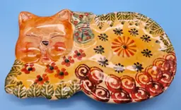 Italy Hand Painted Redware Whimsical Cat Plate Dish Trinket
