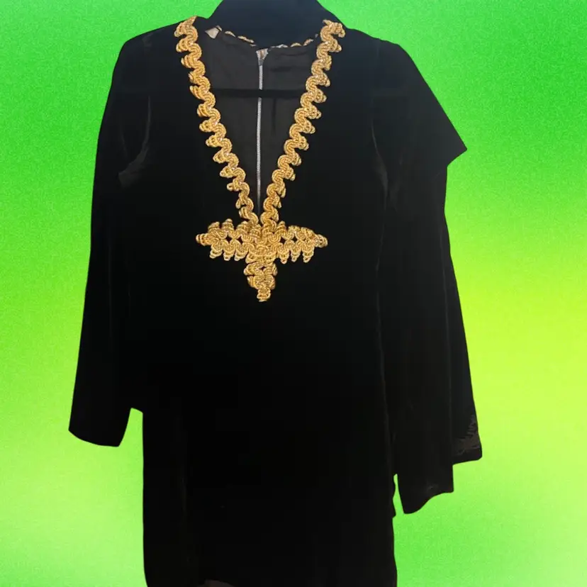 022.  Dress Vintage 1970s Black Velvet Gold Trim Detail Mini Dress Cocktail Dress