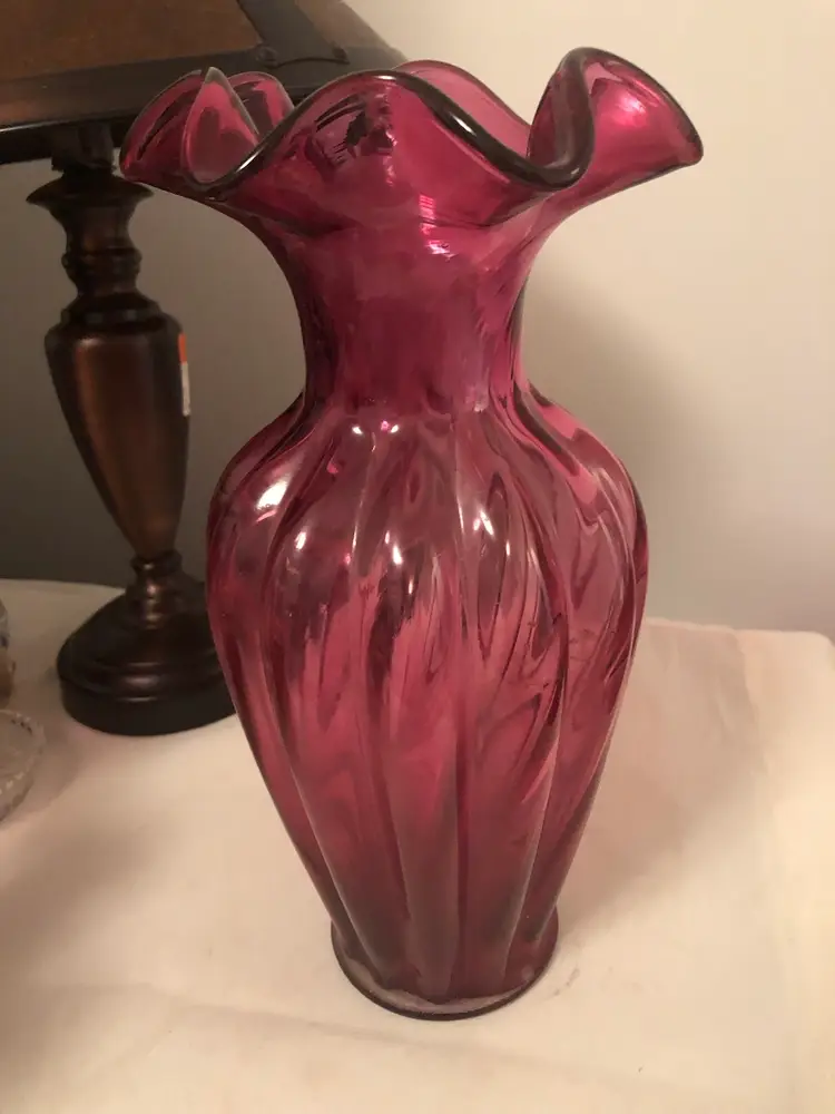 Fenton Cranberry Spiral 11" Ruffled, Ribbed, Swirl, Vase