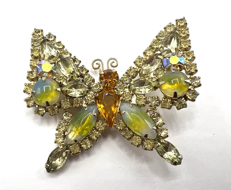 Vintage Juliana Butterfly Brooch, Yellow Glass Givre Cabochons and Yellow Rhinestones, Arched Wings, Open Back Navettes, Colorful and Bright