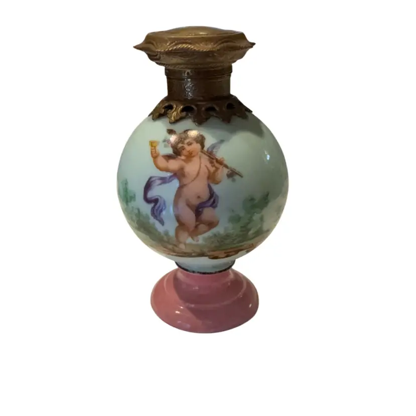 Exquisite 19th C Sevres France Hand Painted Porcelain Perfume Bottle - Brass Lid, Original Glass Stopper - 4”