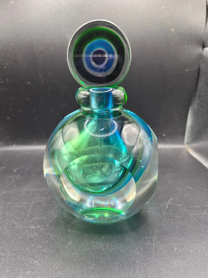 Handcrafted Art Glass Perfume Bottle With Stopper In Emerald & Sapphire Tones