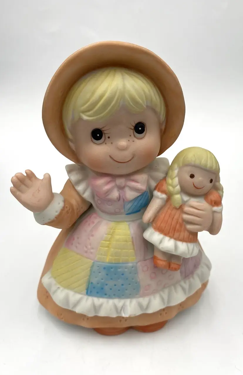 Bisque Porcelain Girl Fig., Patchwork Apron & Bonnet w/Doll, #1403, HomeCo, MINT