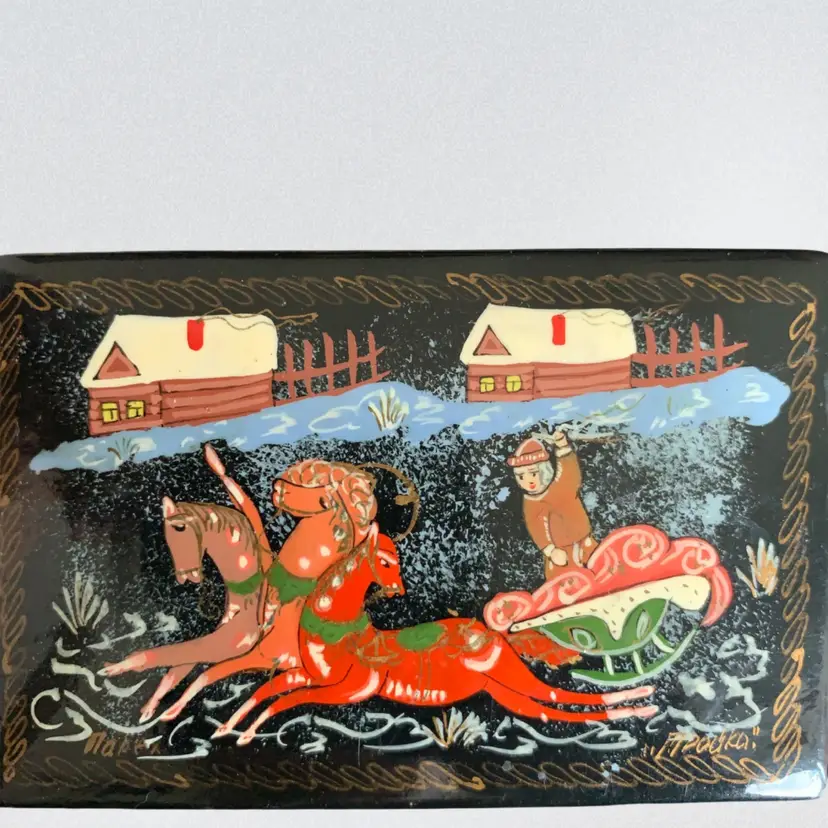 Vintage Rectangle Hand Painted Lacquered Box Winter Scene
