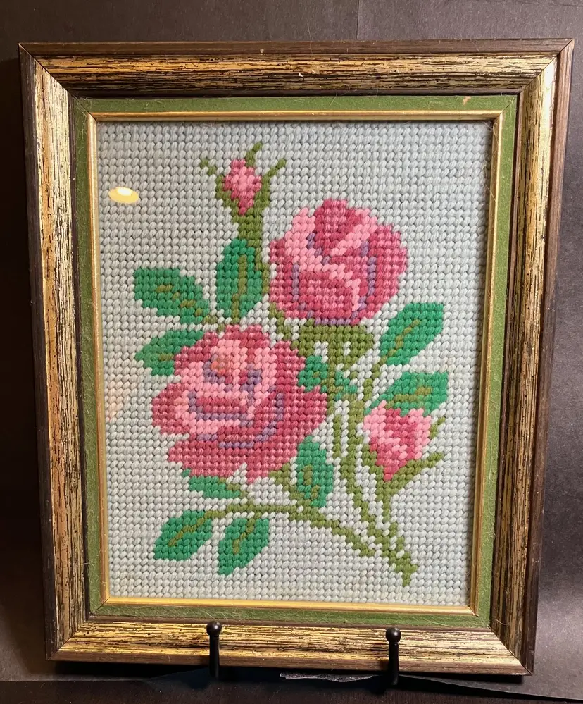 VTG Framed Handmade Bouquet of Roses Blue Background Cross Stitch/Embroidery