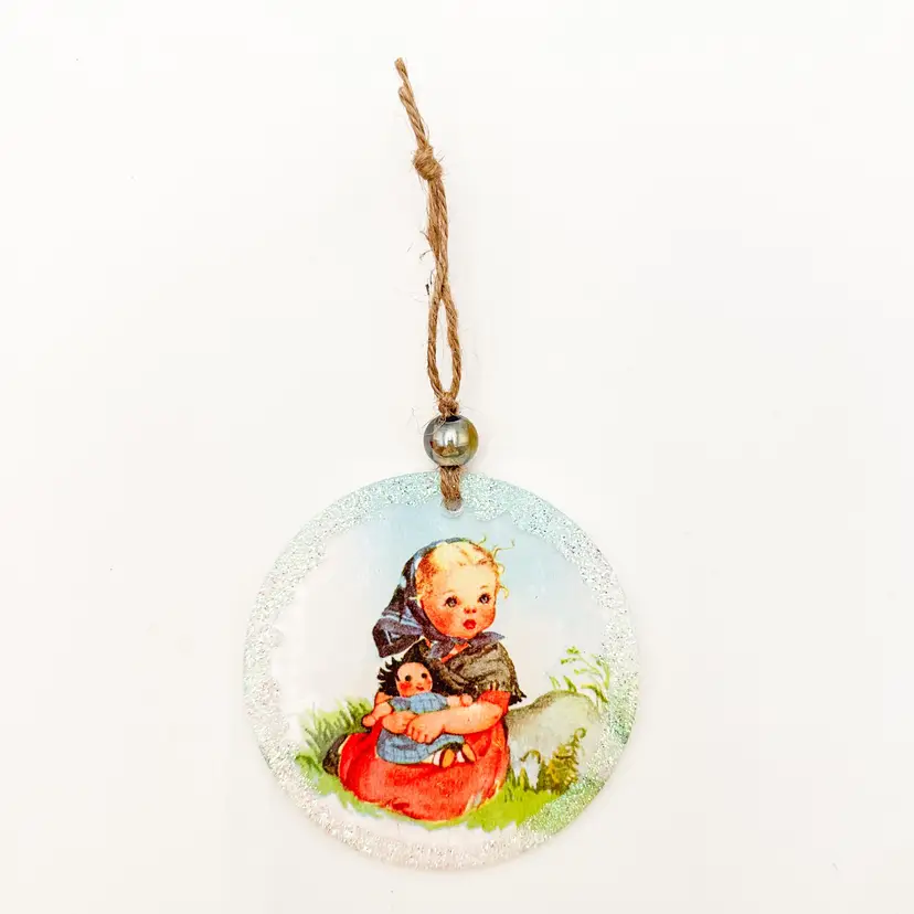 Girl and Doll Vintage Illustration Christmas Ornament Handmade 3.5"D