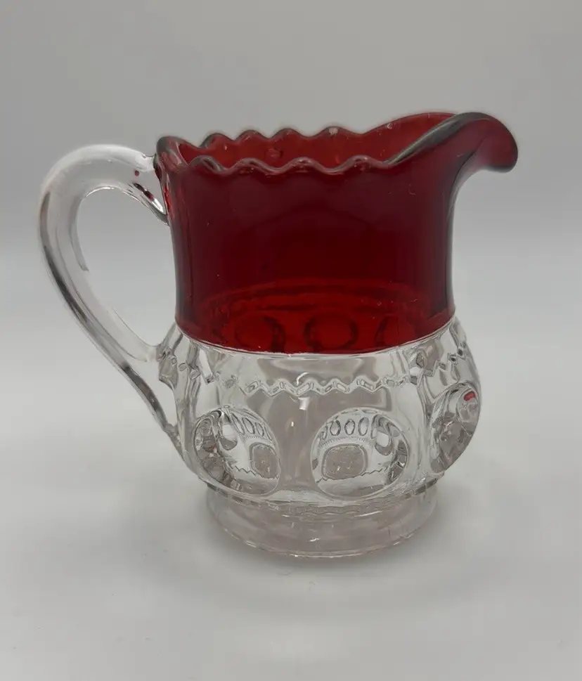 EA Pressed Glass Excelsior Kings Crown Red Ruby Thumbprint Creamer 3" Tall