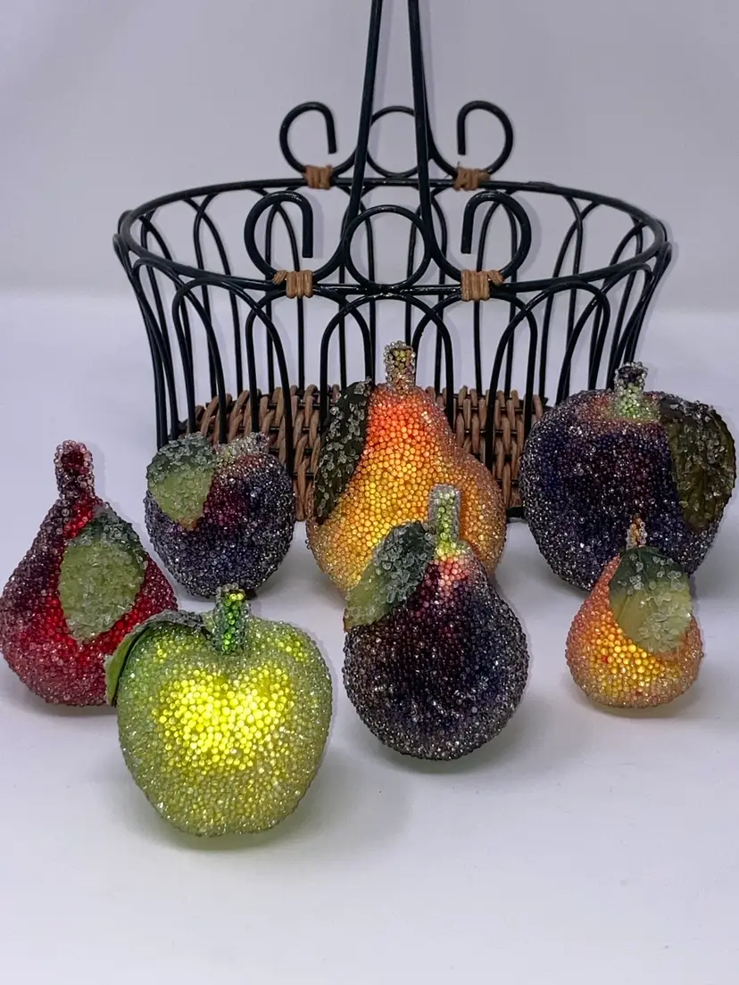 Vintage Centerpiece Basket Filled with 7 Pieces of Sugared Fruit! 10” Tall 7” Wide!