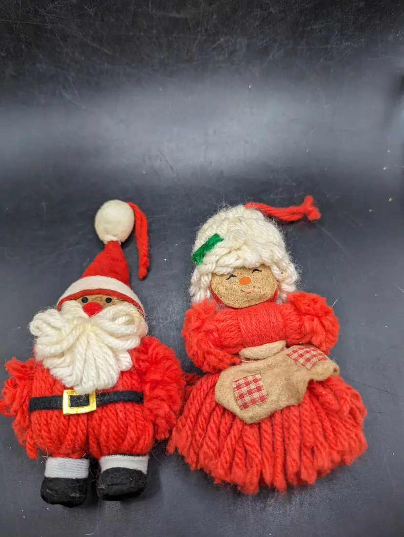 Vintage Set of Hand Crafted Mr and Mrs Claus Yarn Ornaments