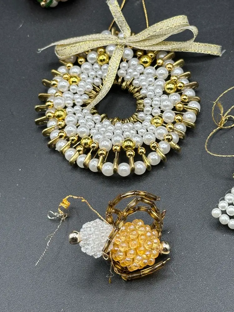 5 Vintage Handmade Pearl Beaded Christmas Ornaments