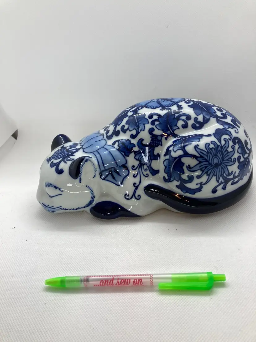 Porcelain Sleeping Cat Figurine Cobalt Blue Floral Design