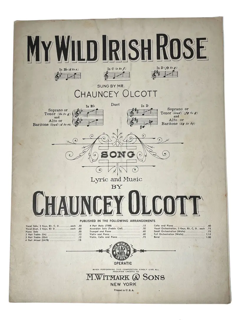 1918 Vintage Sheet Music- My Wild Irish Rose- Chauncey Olcott  M. Witmark & Sons