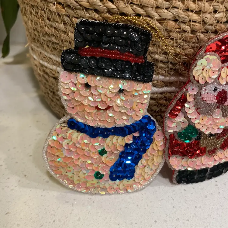 Lot of 2 Vintage Santa & Frosty Snowman Sequin Bead Satin Christmas Ornaments