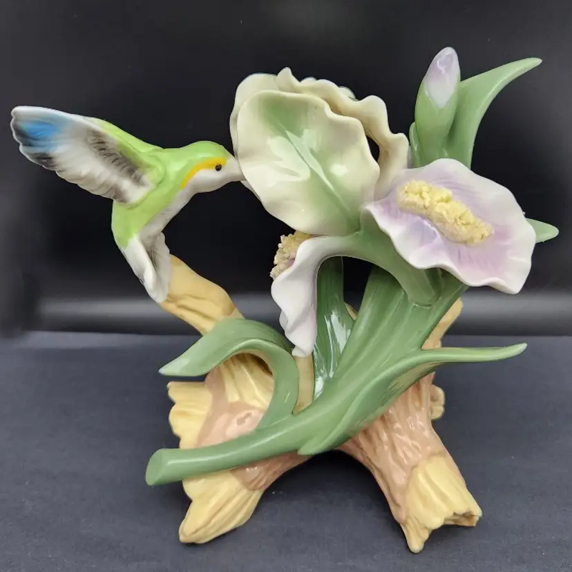 Porcelain Hummingbird and Iris Figurine, Glossy