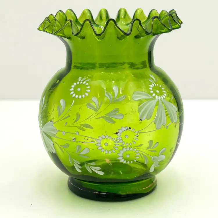 Antique Green and White Hand Blown Rose Bowl with Ruffle Top